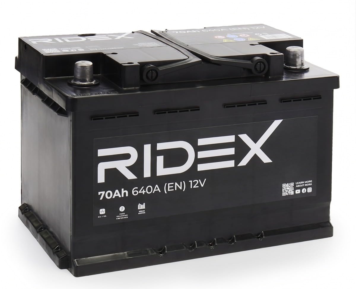 RIDEX 1S0039 Batterie 12V 70Ah 640A B13 Batterie au plomb, avec poignets, sans jauge de niveau Compatible avec RENAULT Clio 3 3/5 portes BR0/1, CR0/1 Clio 2 3/5 portes BB, CB, BB0/1/2, CB0/1/2, FORD