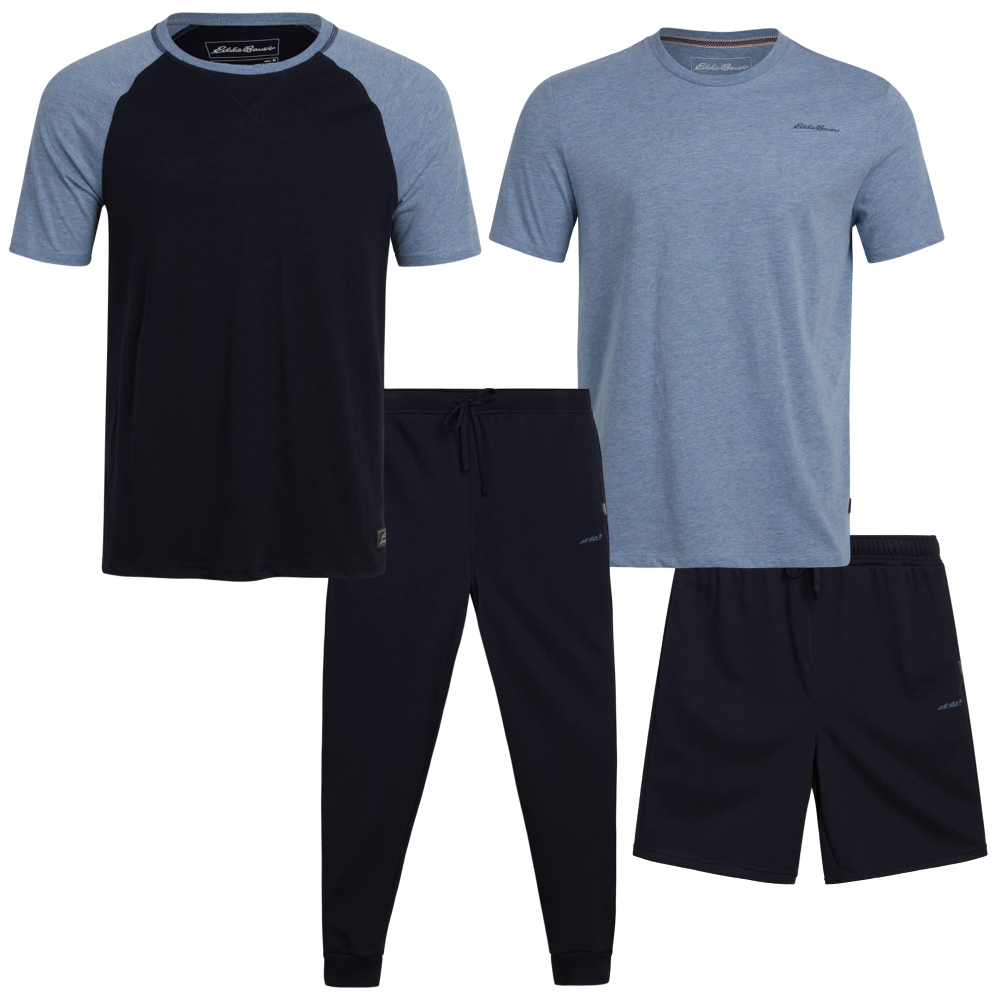 Eddie Bauer Mens' Pajama Set - 4 Piece Lightweight Sleepwear Set - Sweatpants, T-Shirt, and Pajama Shorts for Men (S-XXL)