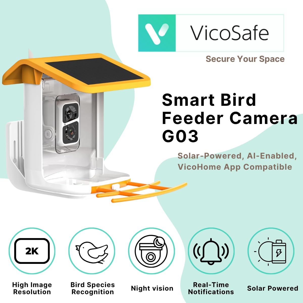 VicoHome G03 karmnik dla ptaków z kamerą, zasilany energią słoneczną, kamera dla ptaków na zewnątrz, pełnokolorowy noktowizor, rozpoznawanie ptaków AI, alerty ruchu, sterowanie