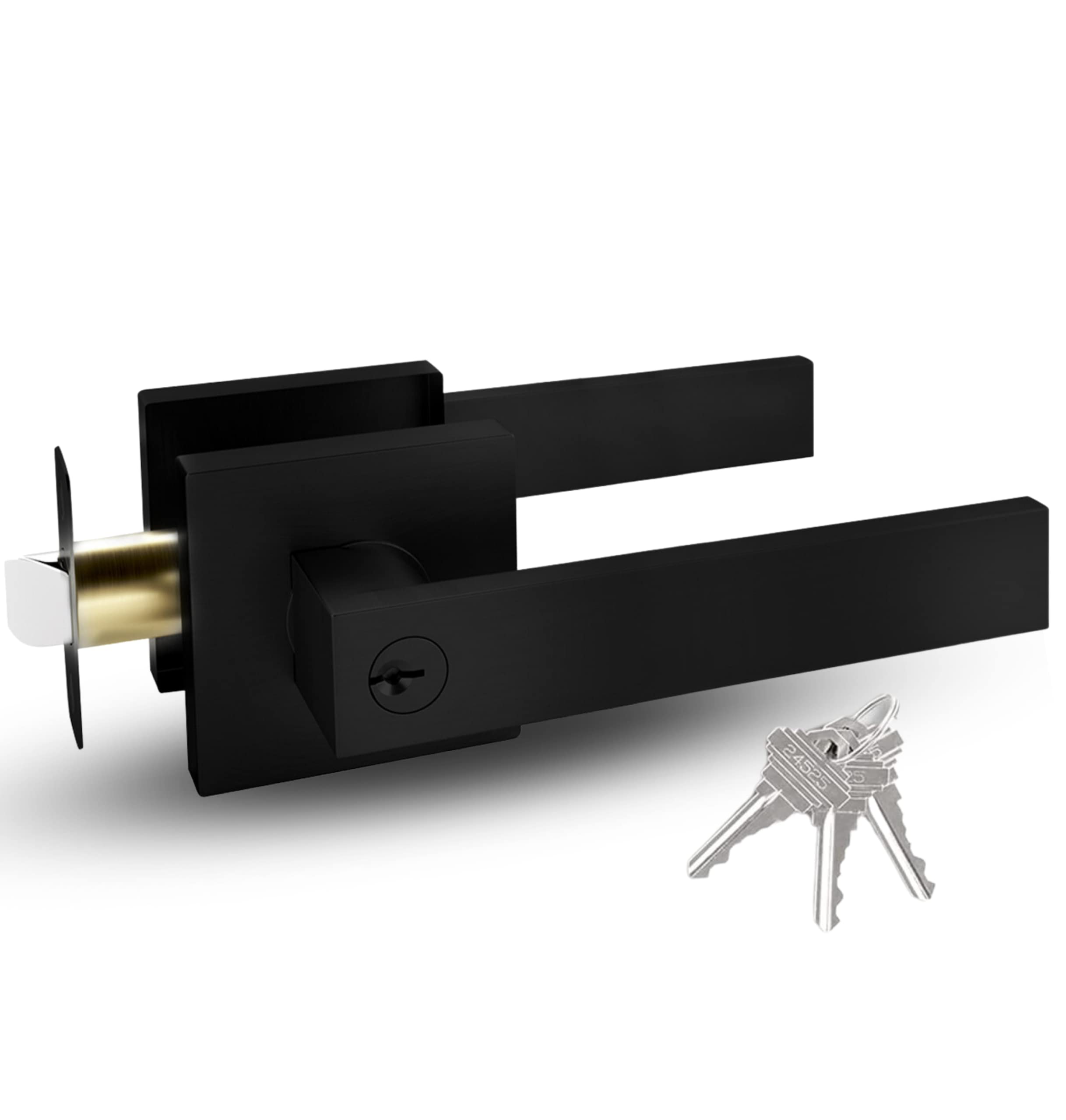 Mega Handles Entry Single I Entry Lever Door Handle and Single Cylinder Deadbolt Lock and Key Combo Pack - Heavy Duty Square Locking Lever Set for Left or Right-Handed Doors - Matte Black