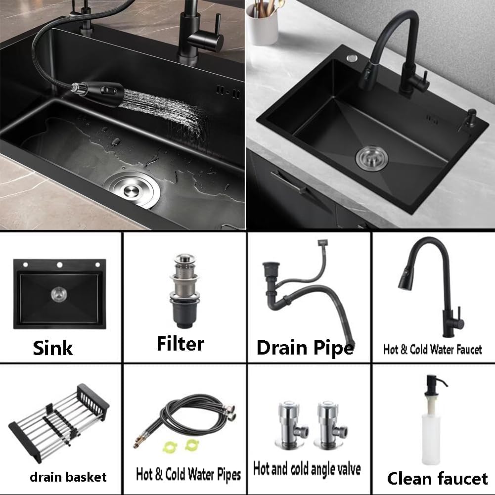 Fregadero de cocina de acero inoxidable negro, 68 x 45 cm, profundidad de