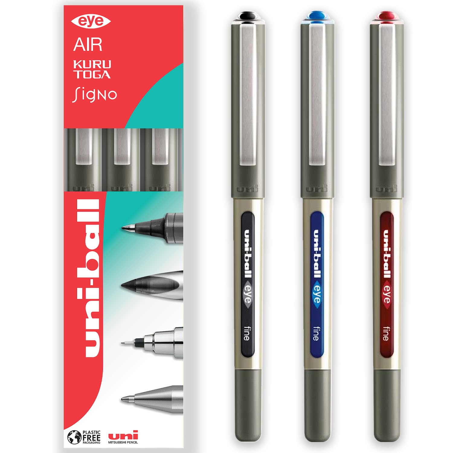uni-ball EYE - UB-157E Rollerball Pens - 0.7mm Nib - In Envelope Gift Packaging (Pack of 3, Multicolor)