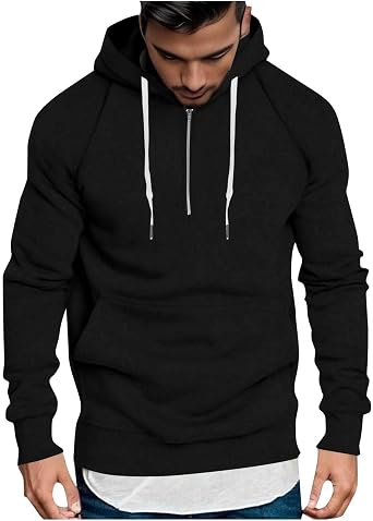 Hoodies for Men Quater Zip Up Long Sleeve Fleece Sweatshirt Drawstring Hooded Pullover with Pockets 2025