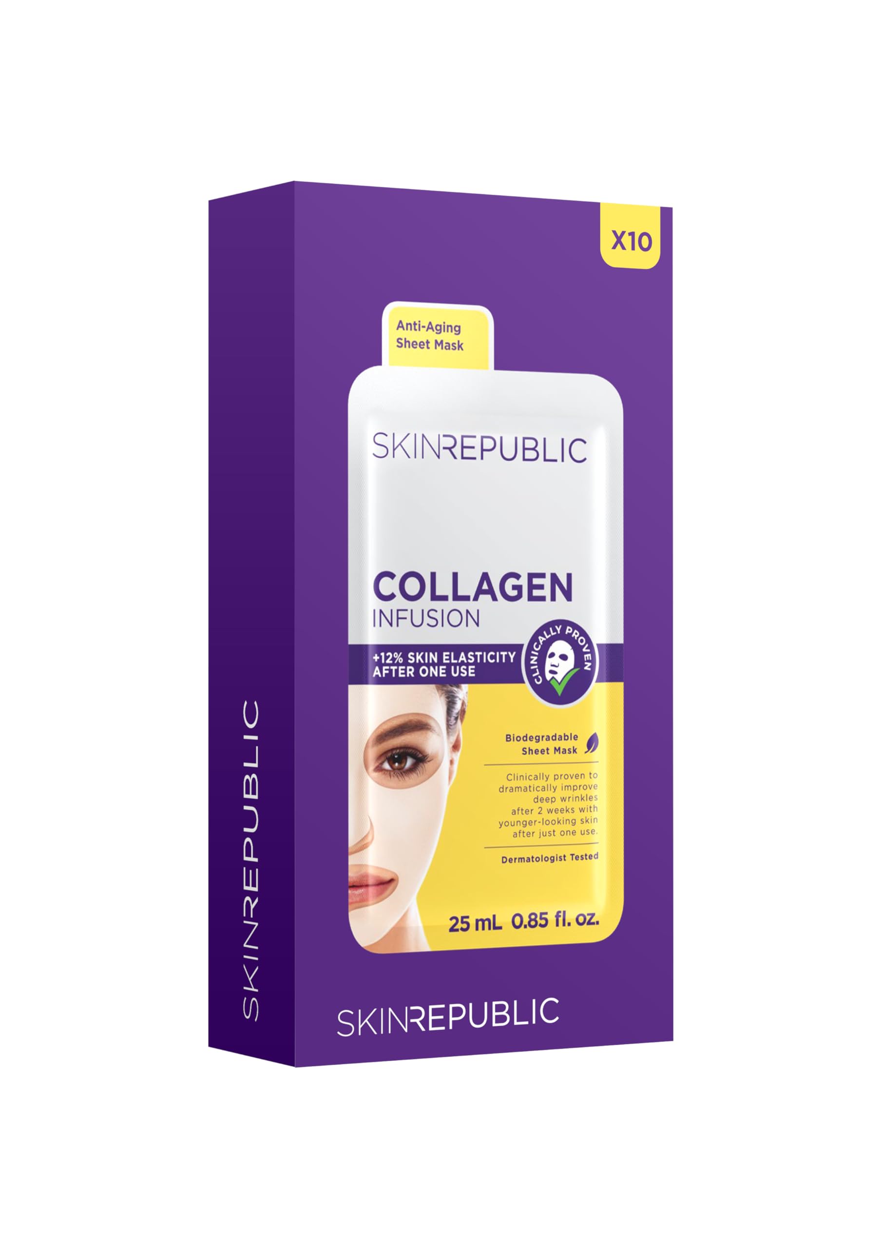 Skin Republic Collagen & Vitamin E Infusion Sheet Mask | Pack of 10 | Helps with Fine Lines & Wrinkles | For Younger-Looking Skin