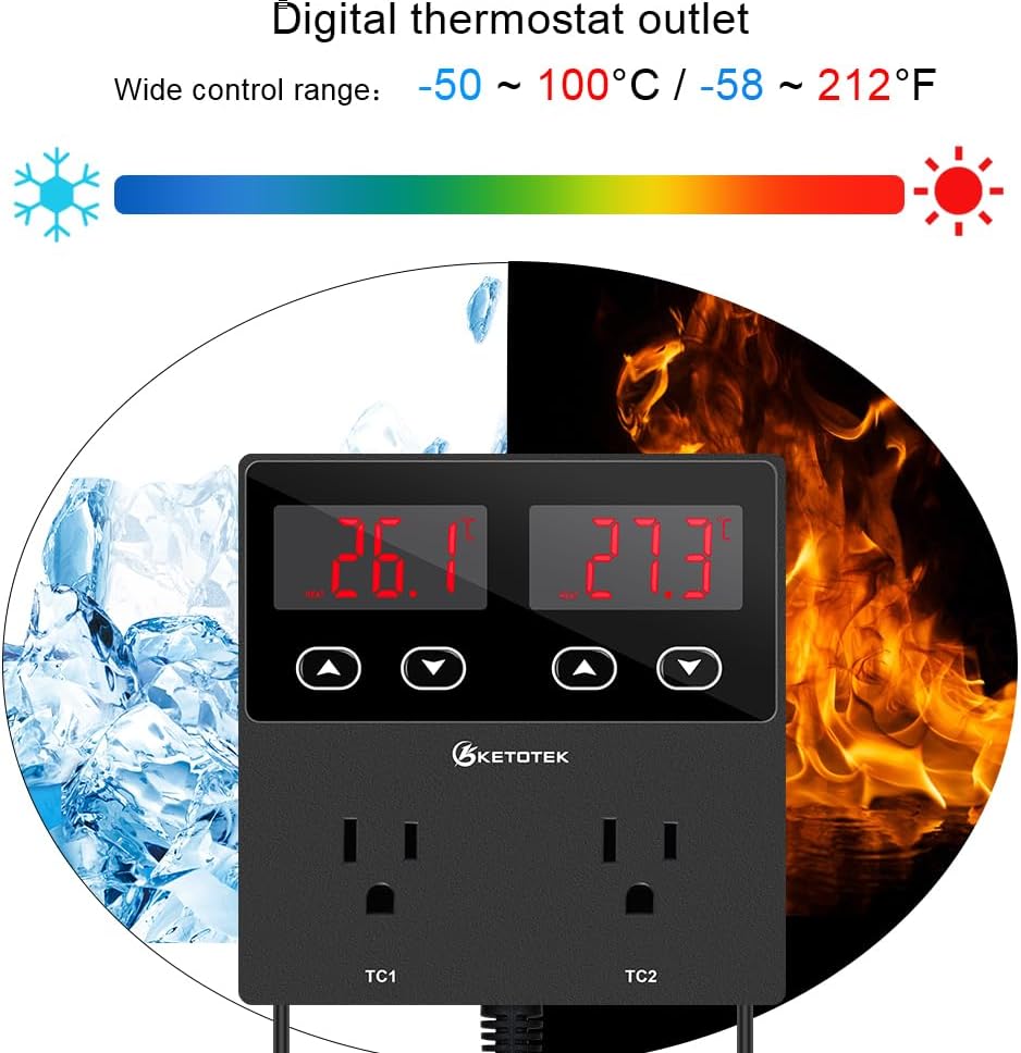 KETOTEK KT99pro Dual Digital Temperature Controller Outlet 10A Relay Heating Coolling Thermostat Controlled Socket with Sensor for Reptile Brewing Fermentation Breeding Incubation Greenhouse
