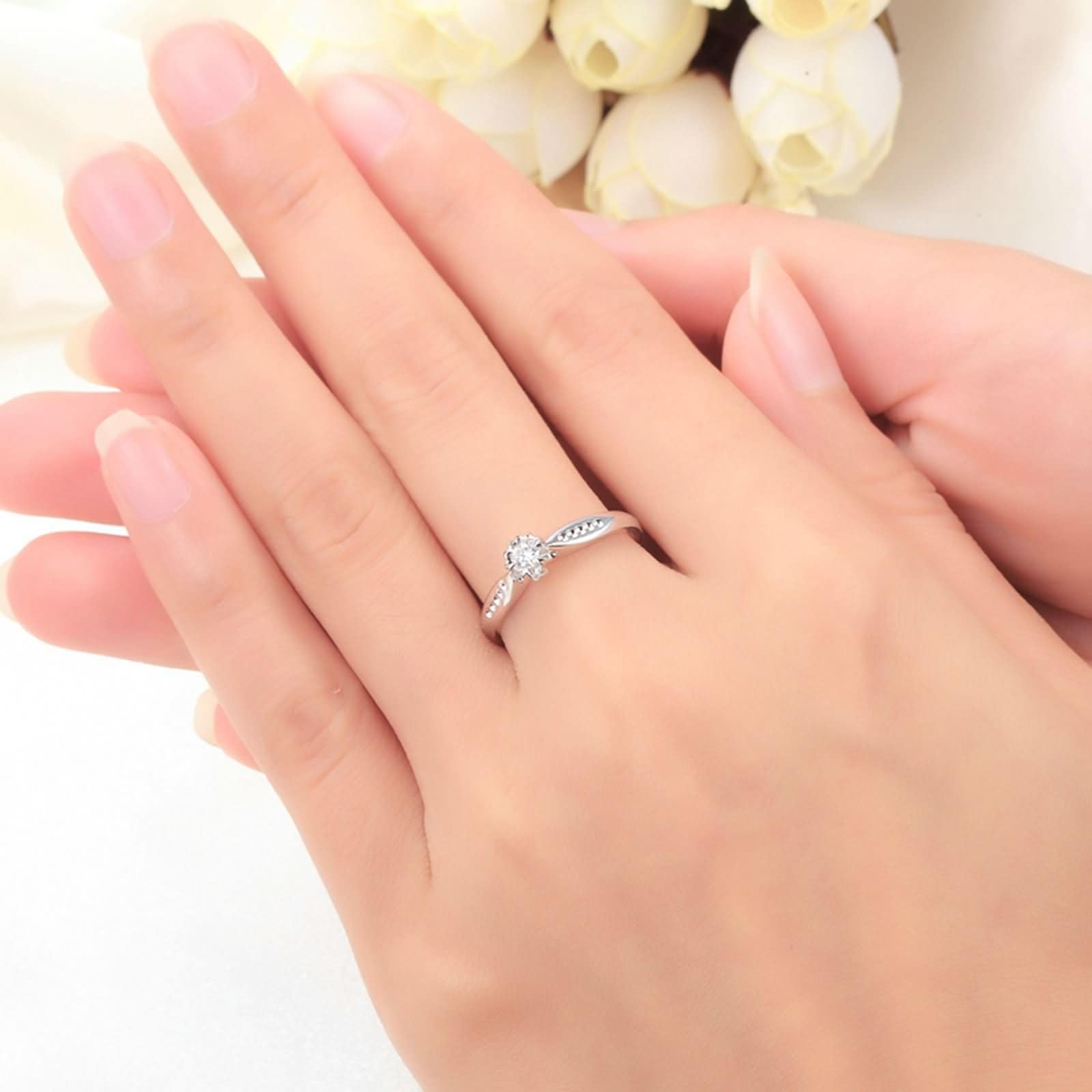 Damskie pierścionki zaręczynowe z białego złota 9K / 14K / 18K, kwiat i okrągły diament 0,07ct, damskie srebrne pierścionki zaręczynowe