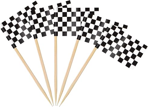AhfuLife 100 Pcs Checkered Racing Flags Toothpick, Black and White Toothpick Flags Cupcake Toppers for Monster Truck Party, Race Car Party Bar Decorations