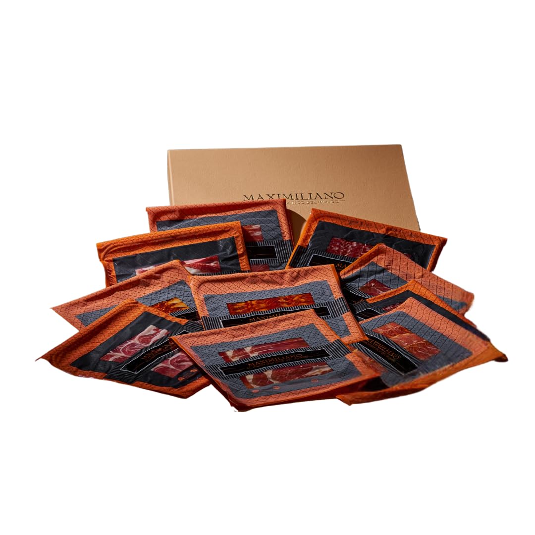 Maximiliano Jabugo - Surtido Gran Cena - 10 Estuches Embutidos Ibéricos Loncheados - Jamón y Paleta Triple Equis, Lomo, Chorizo y Salchichón - Curación Natural - Ideal Compartir - Incluye Caja Regalo