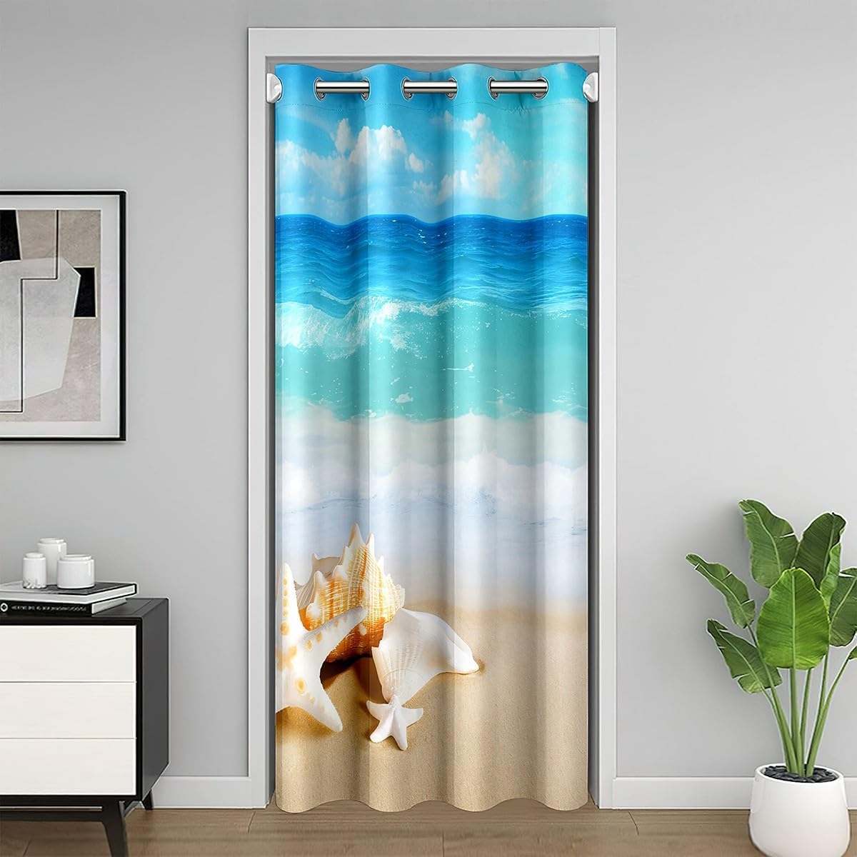 Jejeloiu Ocean Door Curtain for Doorway Privacy - 34"x80" Beach Coastal Closet Door Cover - Reversible Hawaiian Beach Shell Marine Life Sea Blue Room Divider