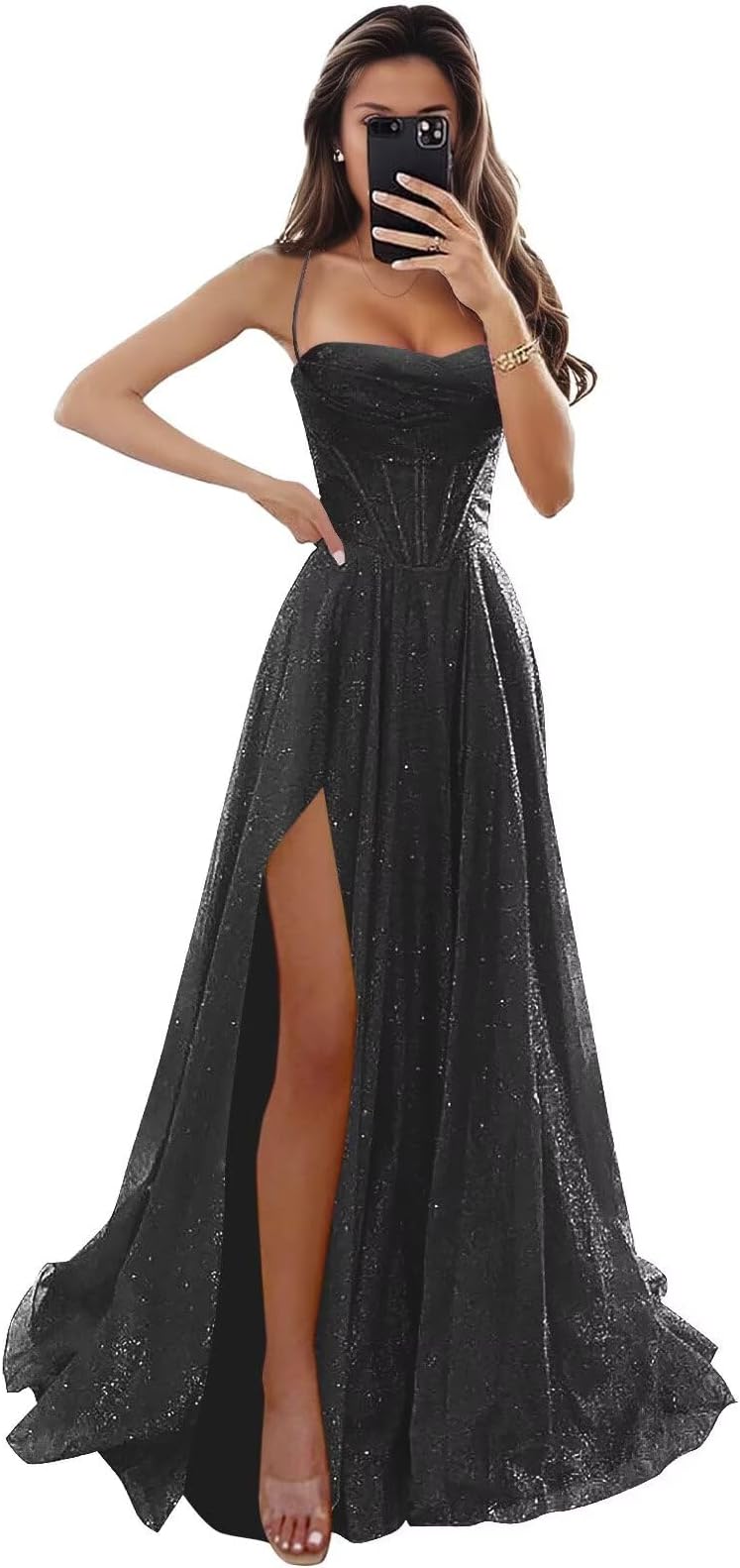 Corset Prom Dresses Long for Women Sparkly Glitter A-Line Spaghetti Straps Formal Evening Dress with Slit