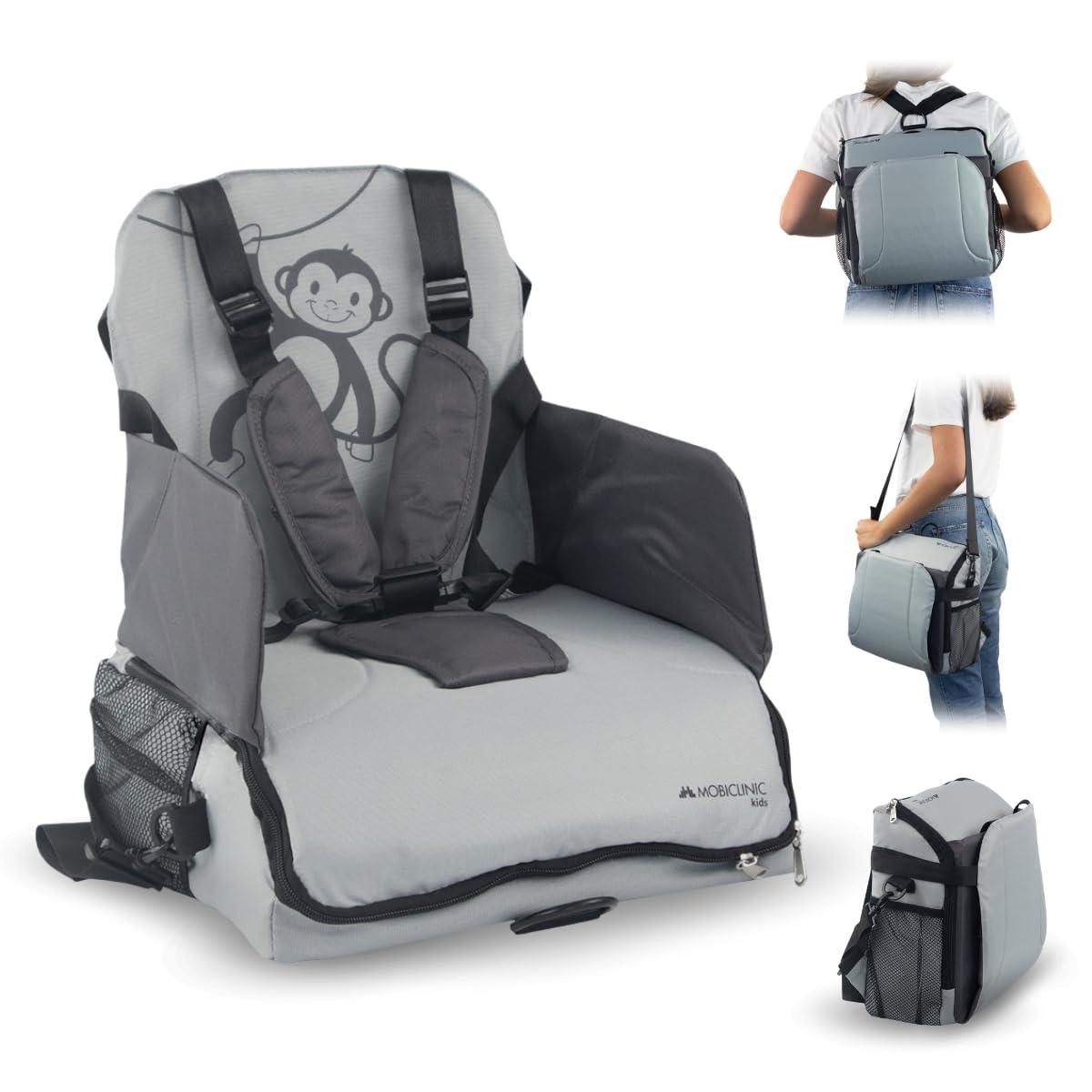 Mobiclinic® kids, Seggiolino portatile bambini, Seggiolone da viaggio, Monkey, 6 a 36 mesi, Fino 15kg, Pieghevole, Imbracatura regolabile 5 punti, Con portaoggetti, Grigio