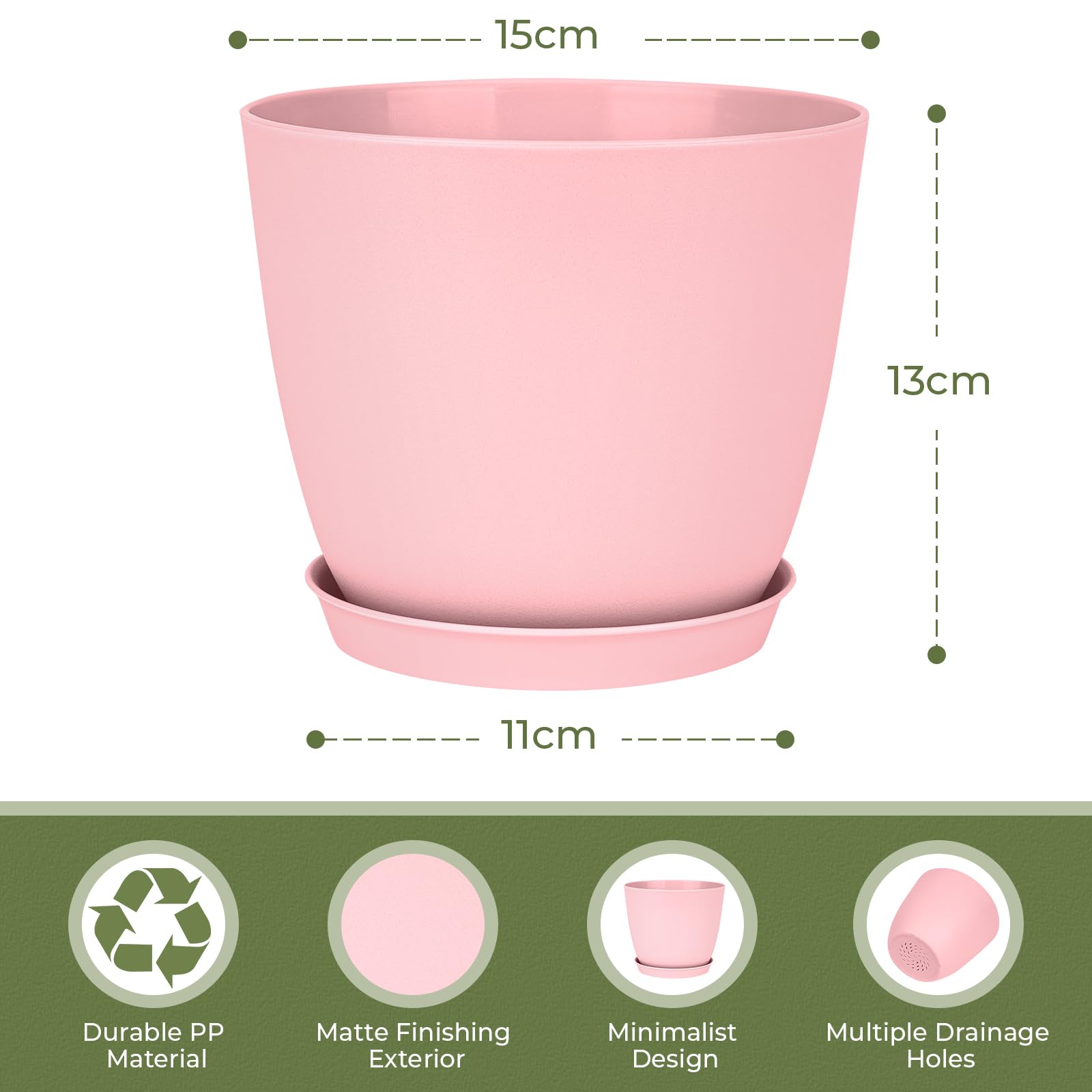 FORAGIFT 16 Pack 15cm Plastic Plant Pots for Indoor Flower Pots Heavy Duty and Stylish Plant Pots for Indoor Plants with Drainage Holes and Tray for Plants Flowers - Image 2