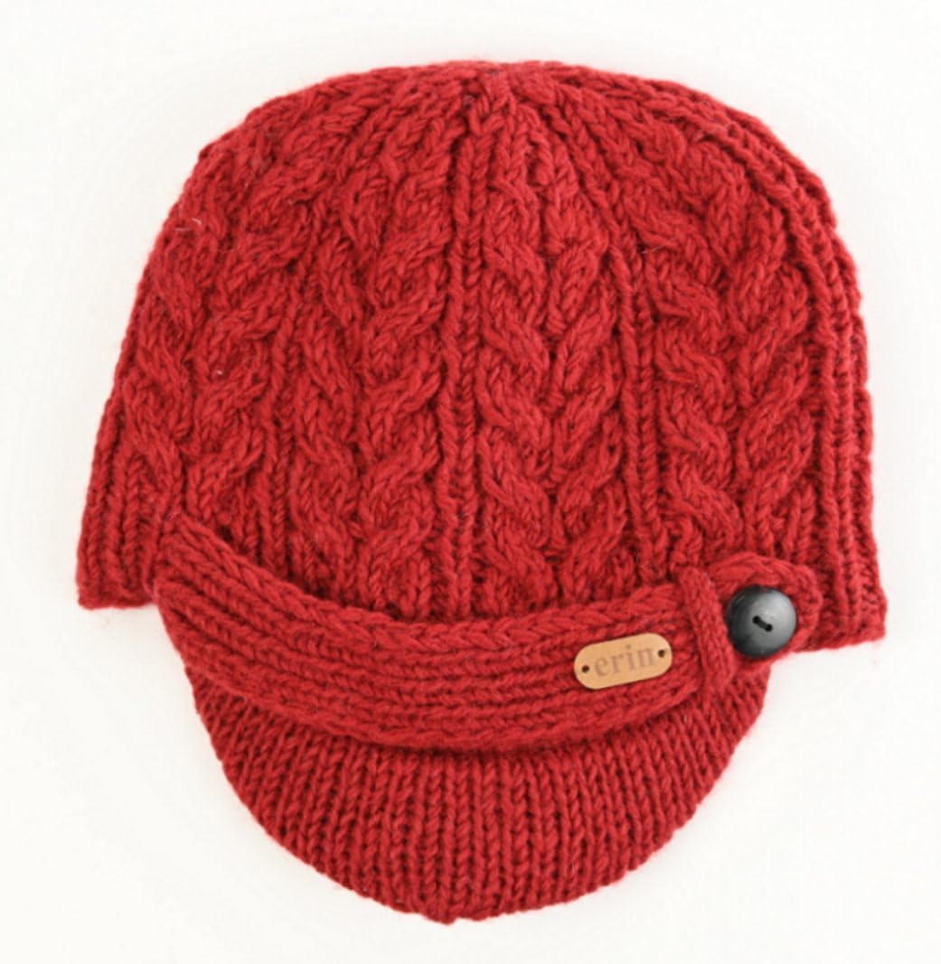 Cable Knit Wool Peak Cap for Women, 100% Wool, Fleece Lining, One Size