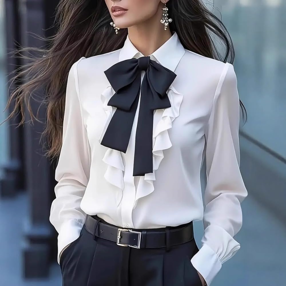 Camicette da donna con fiocco, stile vintage, a maniche lunghe, con volant, casual, da smoking, da lavoro