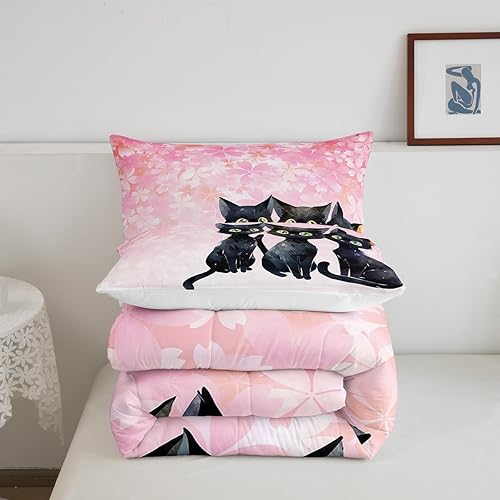 Miniatura 5 de Castle Fairy Juego de Edredón de Gatos Adorables Estilo Japonés Kawaii de Dibujos Animados Flores de Cerezo con 2 Fundas de Almohada Flores Rayas