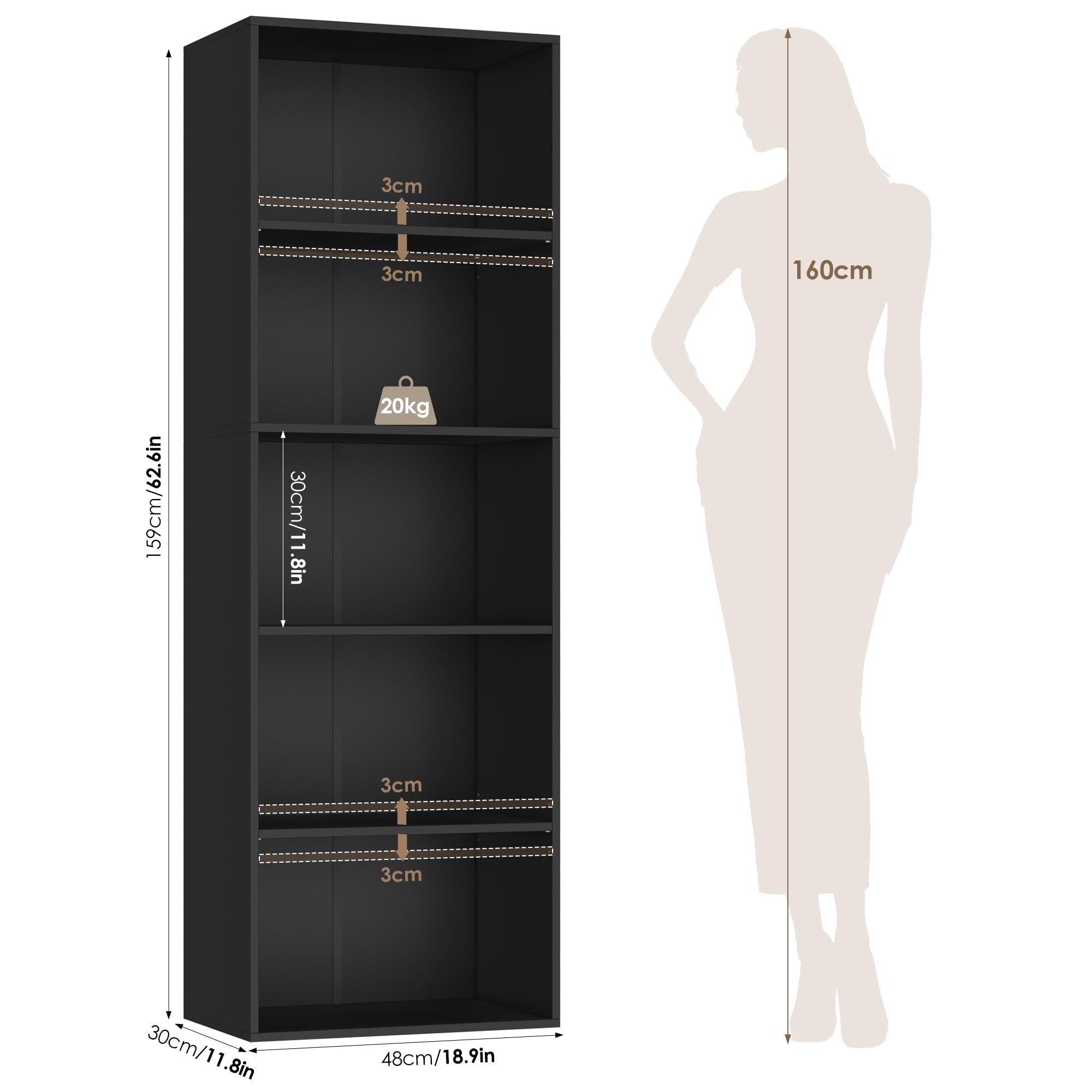 FirFurd Estantería Libros Sinfonier Alto Librería Madera, 5 Compartimentos | Librería Estantería, Biblioteca, Estanterias Almacenaje, Estrecha y Alta, para Salón Oficina Dormitorio Negro 48X30X159Al.cm