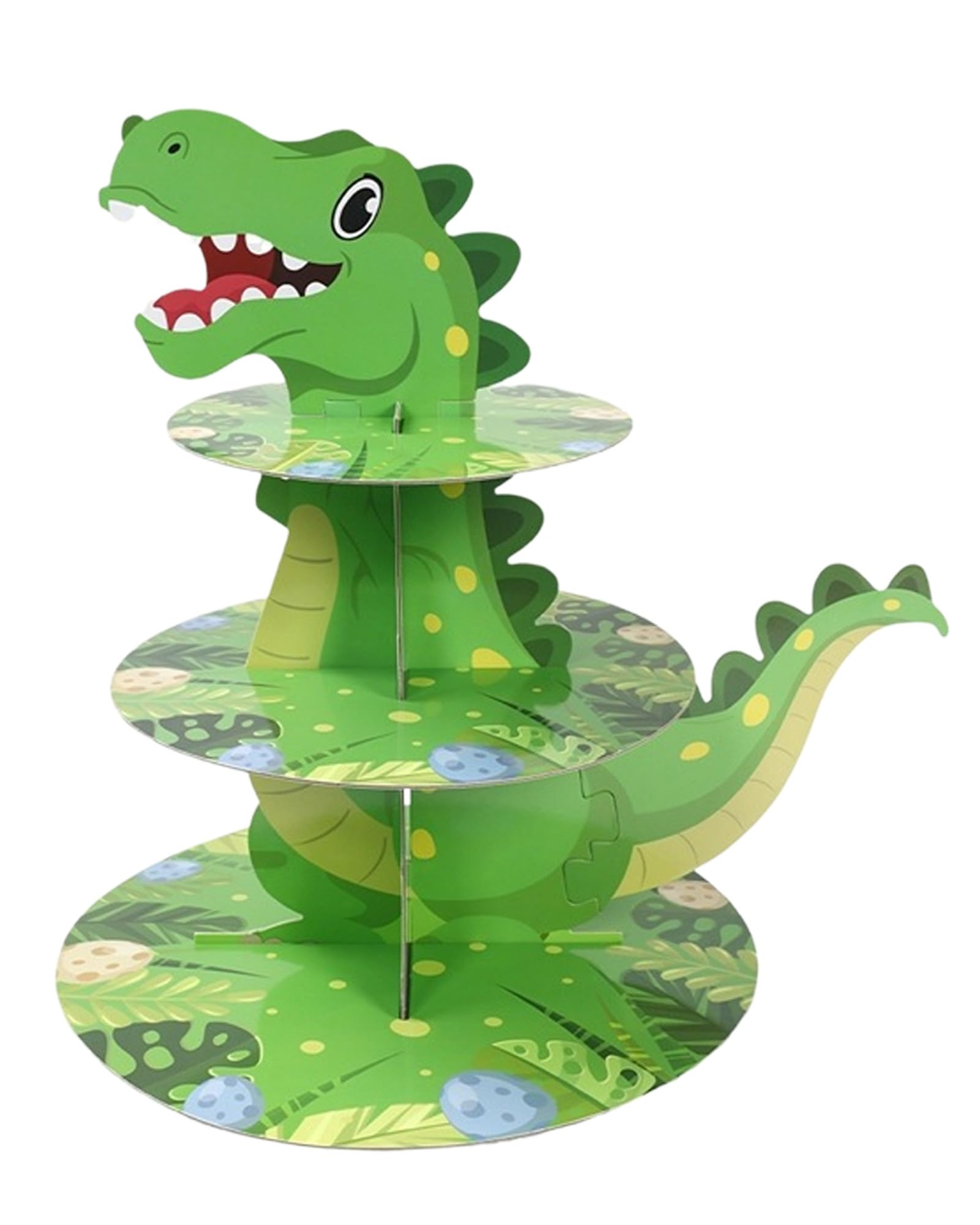 Cupcake Stand for Party Supplies Easy No Tools Assembly, 3 Tier Thick Cardboard Food Display with Non Skid Base, Themed Decor for Birthday Party (Dinosaur Green)