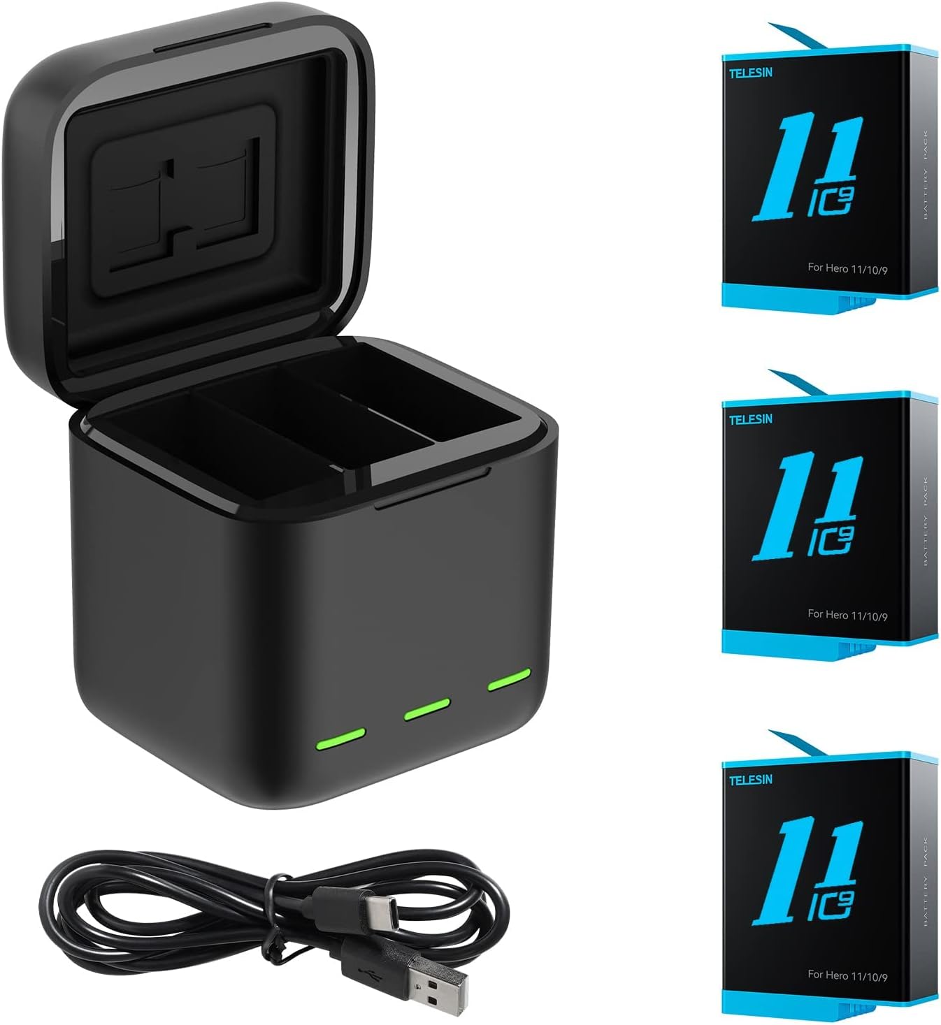 CITYORK Lot 2 Chargeurs Batterie GoPro Hero 12/11/10/9 + 2 Batteries 1800mAh - Triple Chargeur LED USB-C
