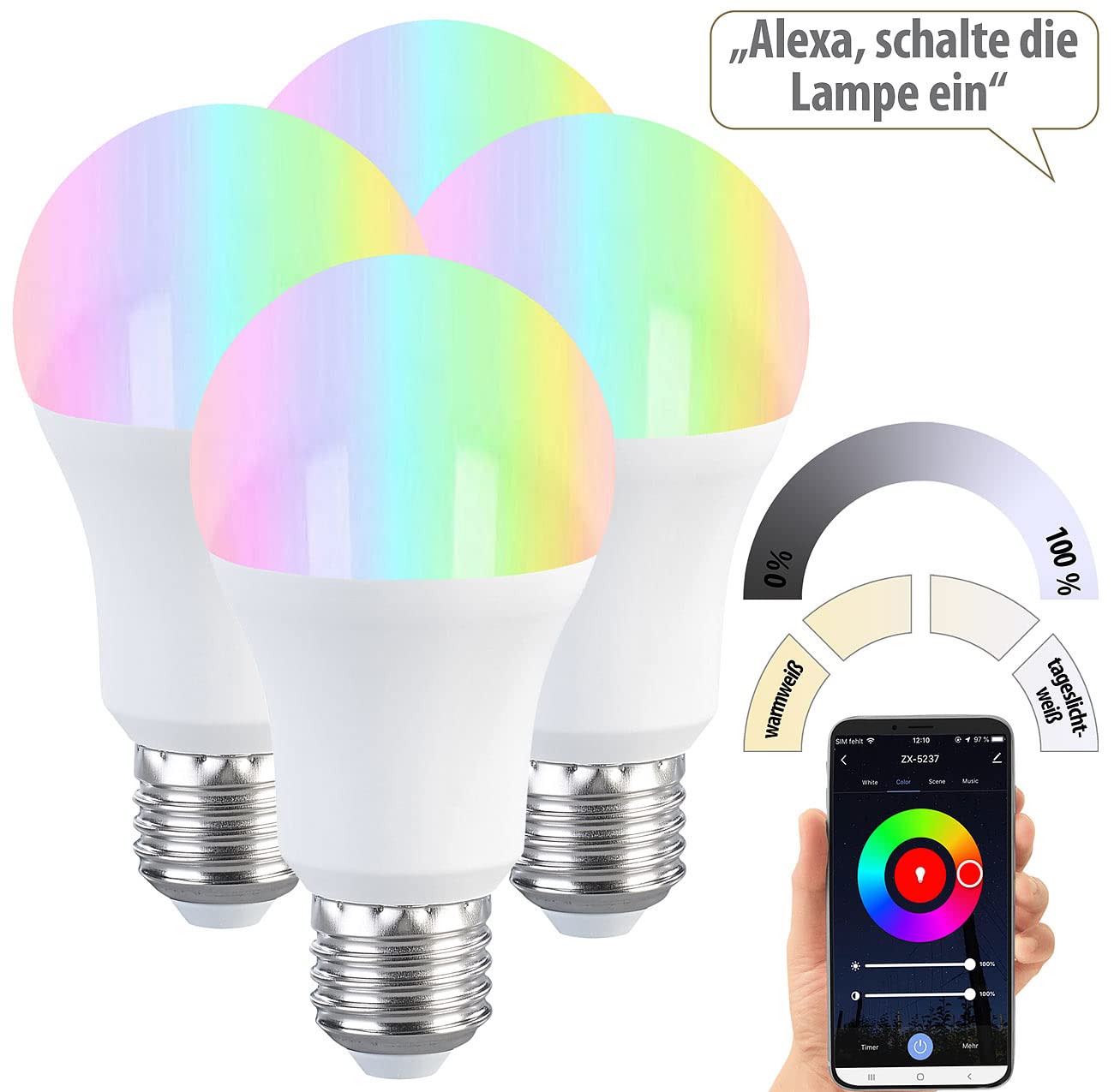 Luminea Home Control 4er-Set LED-Lampen E27, RGB-CCT, 9W, 806 Lumen, ZigBee-kompatibel
