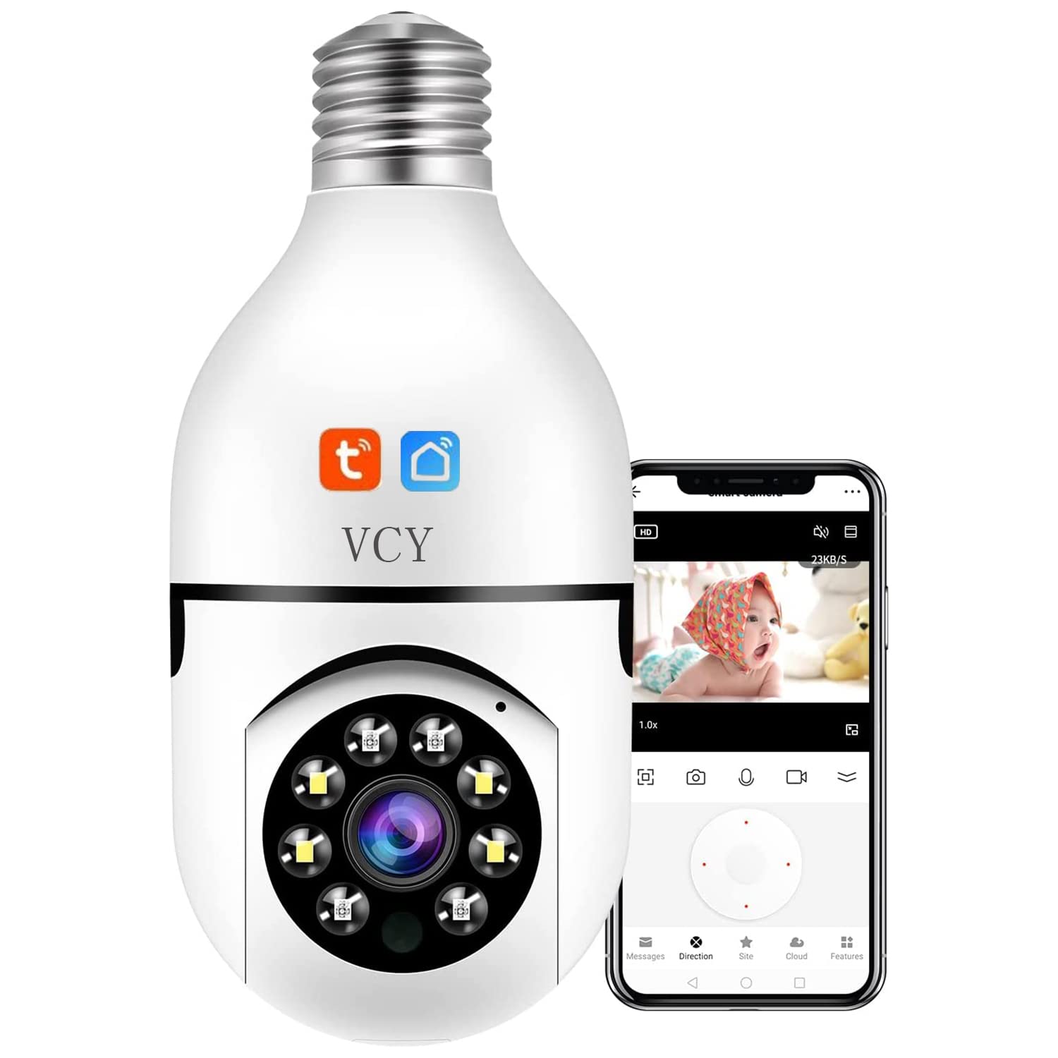 VCY Cámara de seguridad con bombillas, E27 WiFi Color Night 360 grados Pan/Tilt Cámara IP panorámica de 2,4 GHz 1080P Cámara de vigilancia para el hogar inteligente con alarma de detección de movimiento