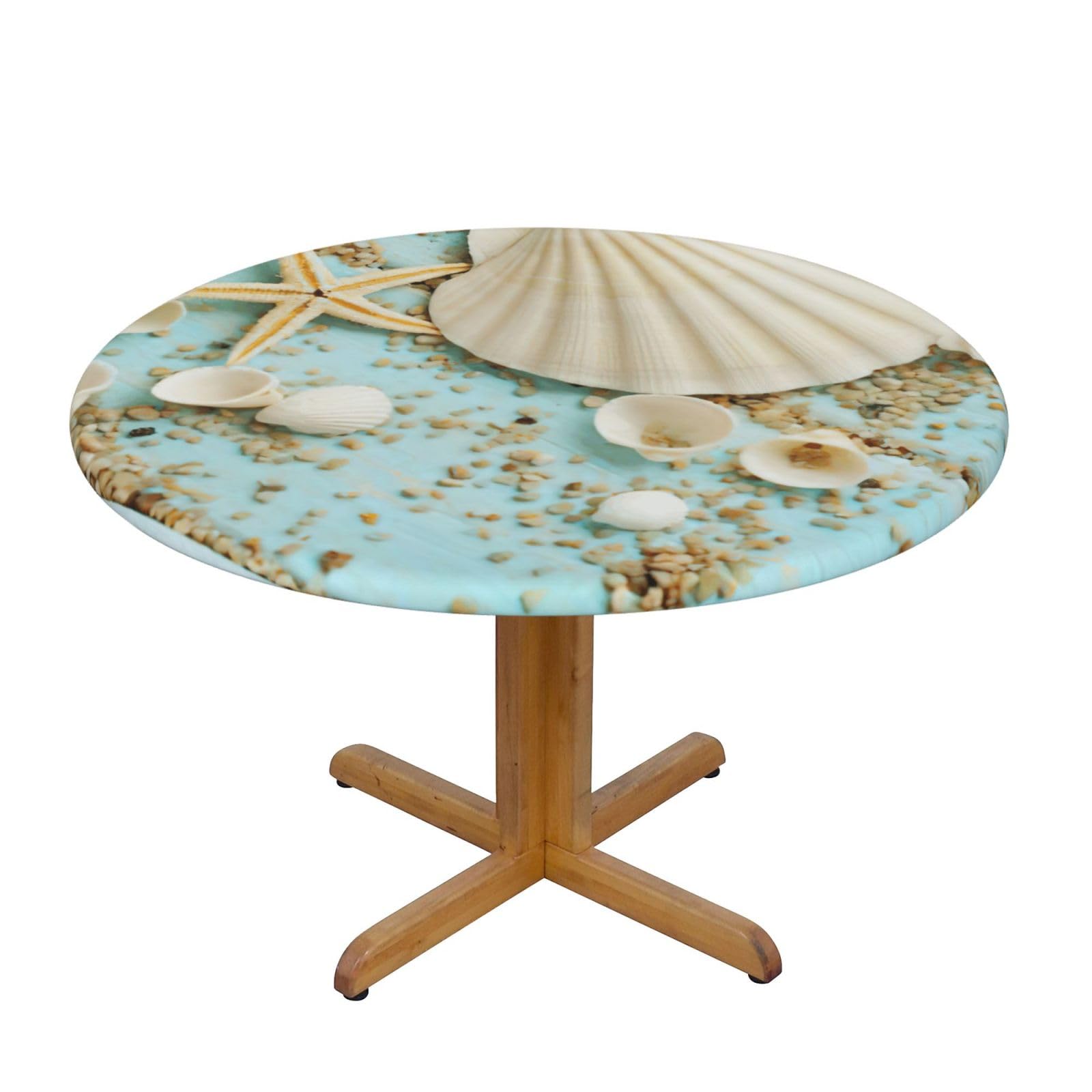 Ocean Sea Beach Seashells Starfish Blue Print Round Tablecloth Waterproof Table Cover Wipe Clean Washable Table Protector For Dining Room