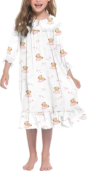 Ekouaer Girls Nightgowns Toddler Pajamas Dress Sleep Nightshirts Princess Soft Sleepwear for Kids White Teddy Bear 4-5T