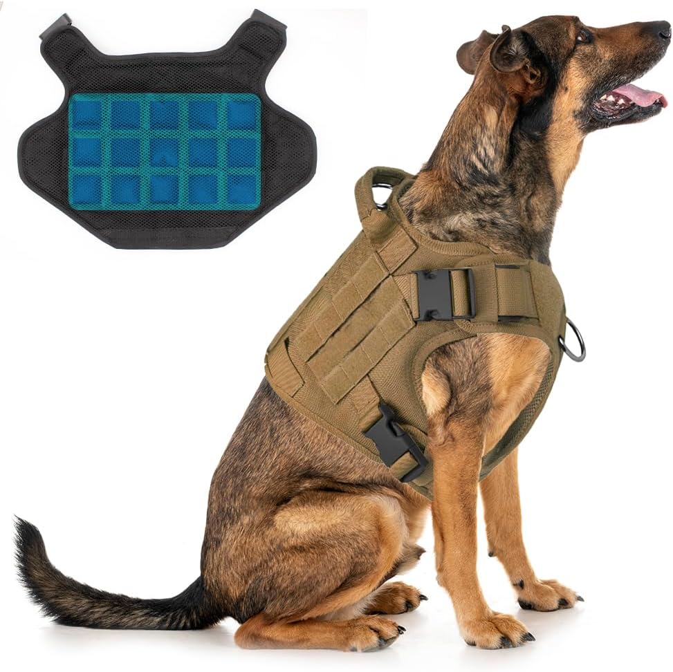 Tactical Dog Cooling Harness Vest with Gel Ice Packs, No Pull Cooling Vest for Summer, Dog Harness with Handle, Adjustable for Summer Walking Hiking Training (Brown, Medium)
