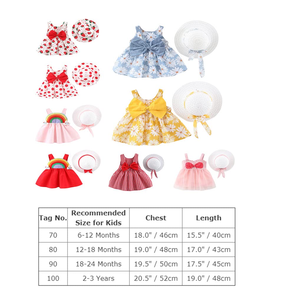 IWEMEK Vestito da bambina con motivo floreale, stampato, da principessa, con fiocco, senza maniche, con cappello di paglia, casual, per cerimonia, spiaggia, vacanze, tempo libero, festa, 9 mesi - 3