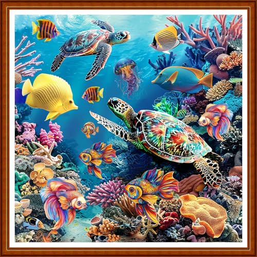 Image of Joyhoor Stamped Cross Stitch Kits for Beginners Needlepoint Kits for Adults Embroidery Kits 11CT Counted Cross Stitch Kits Printed Embroidery Pattern-Underwater World Animals 18x18 inchs