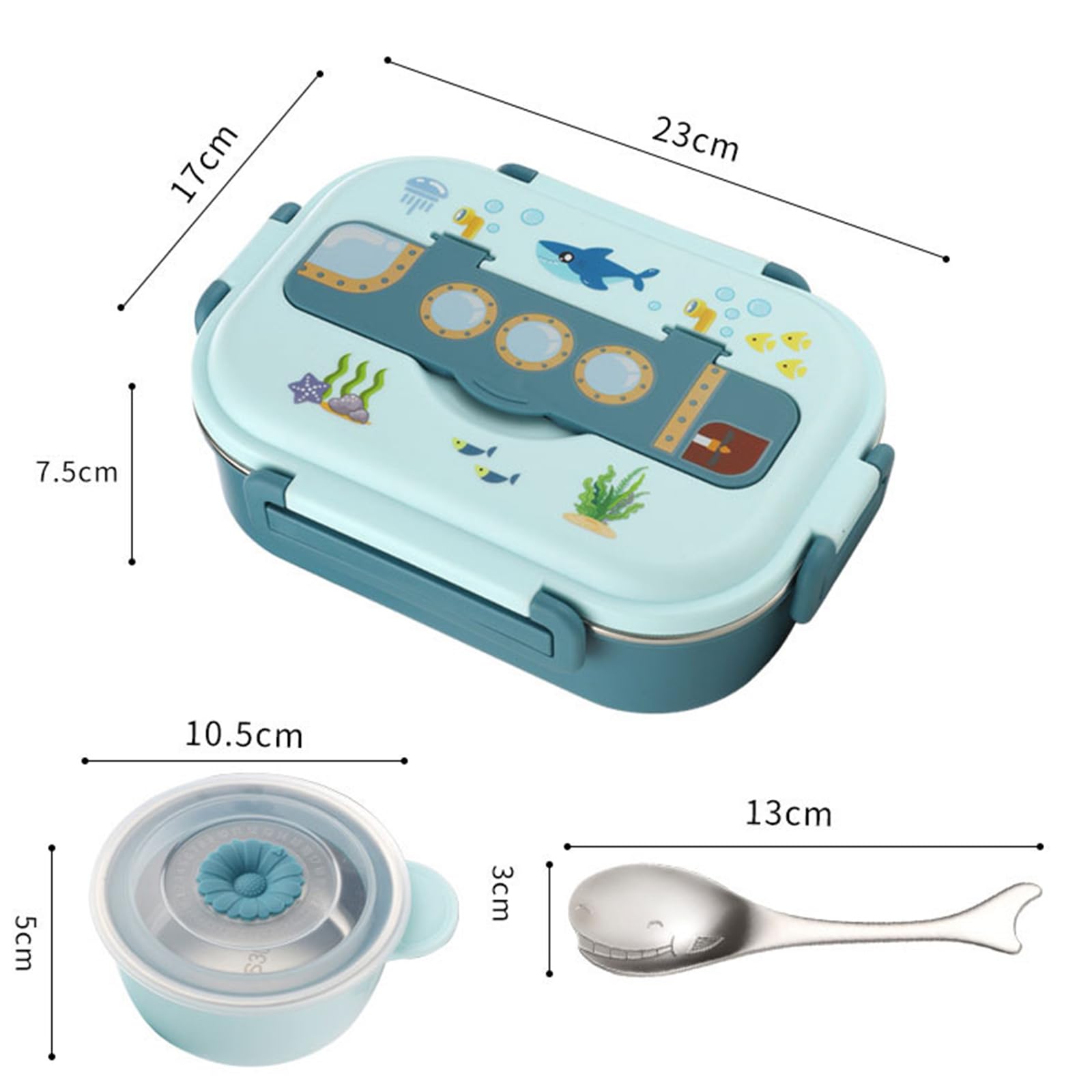 Contenitore per il pranzo per bambini, in acciaio inox, carino, cartone animato, per la cura dei bambini e la scuola, contenitore per alimenti a 3 scomparti (blu)