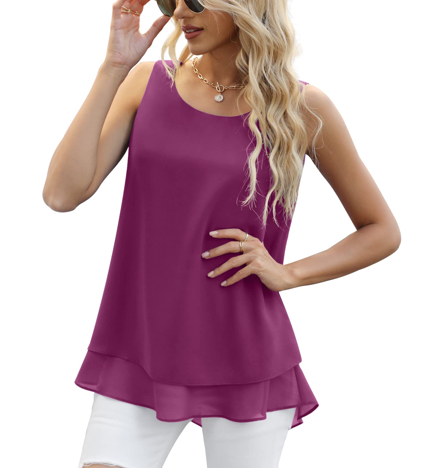 Jouica Women's Summer Round Neck Sleeveless Blouse Loose Casual Flowy Chiffon Tank Tops for Women