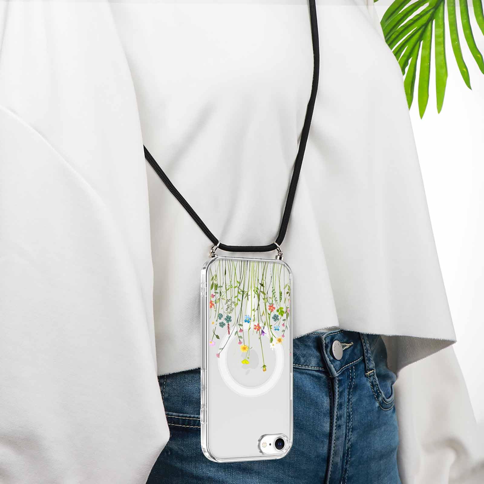 Coque IPhone 16 Magnétique Yoedge - Silicone Transparent Fleuri Avec Cordon | Compatible MagSafe