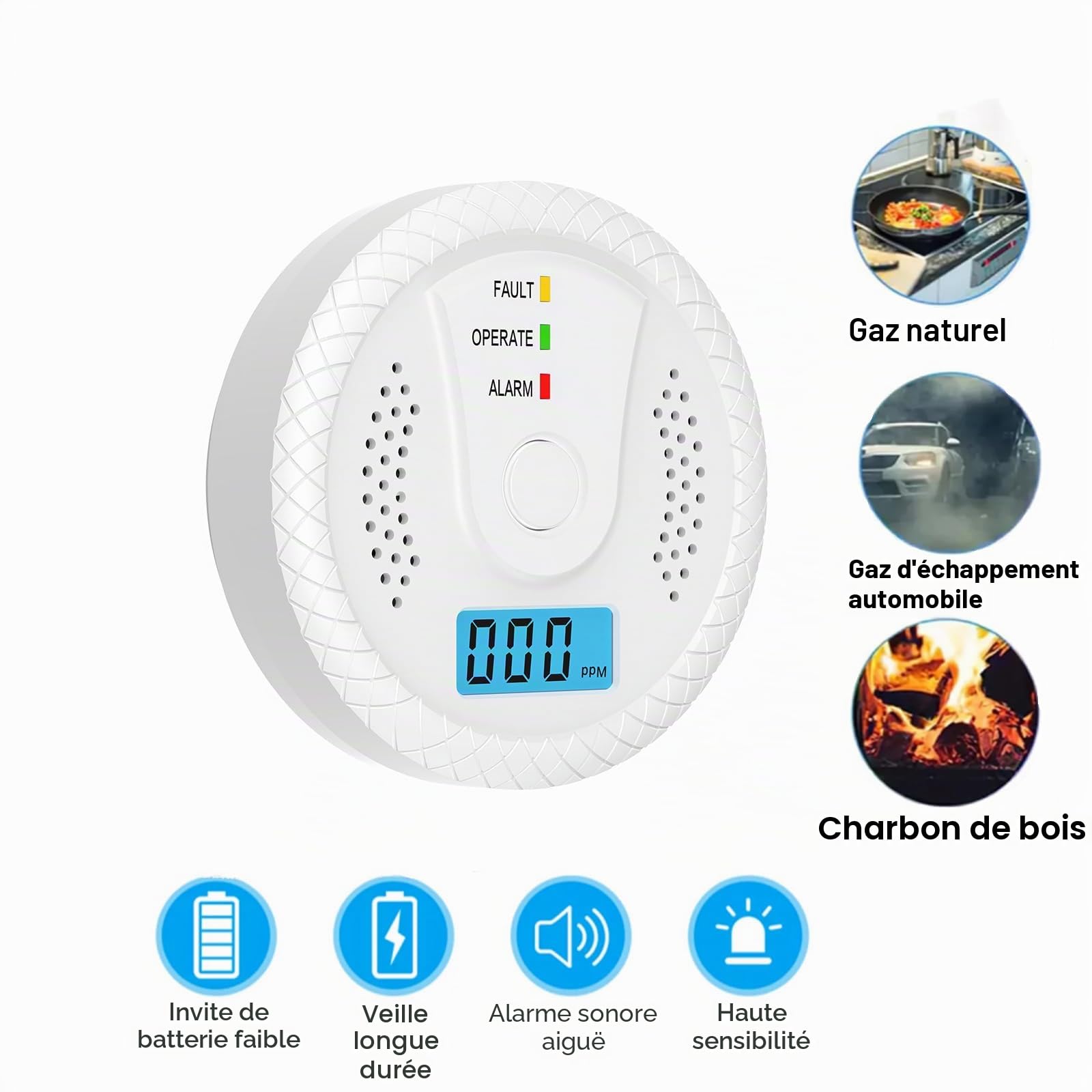 Detecteur Monoxyde Carbone,Détecteur De Monoxyde De Carbone avec Affichage Numérique Et Alarme Sonore De 75 DB, Alimenté par Batterie, Convient en Accord avec la Norme EN50291