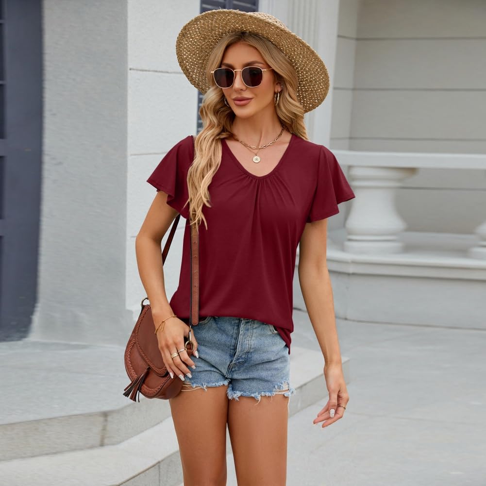 3-częściowy zestaw damski T-shirt z krótkim rękawem z dekoltem w serek modny top trend cienki na co dzień lato liść lotosu rękawy plisowane ubrania, 3 szt. - 5, XXL