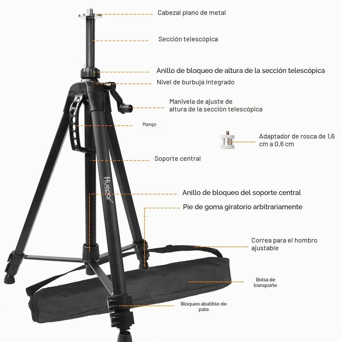 Huepar Trípode 1,6 m Cabeza plana Trípode de aluminio para nivel láser, Con burbuja horizontal, con rosca macho de 5/8 "-11 y adaptador de tornillo de 1/4" -20, Bolsa de transporte incluida - TPD16