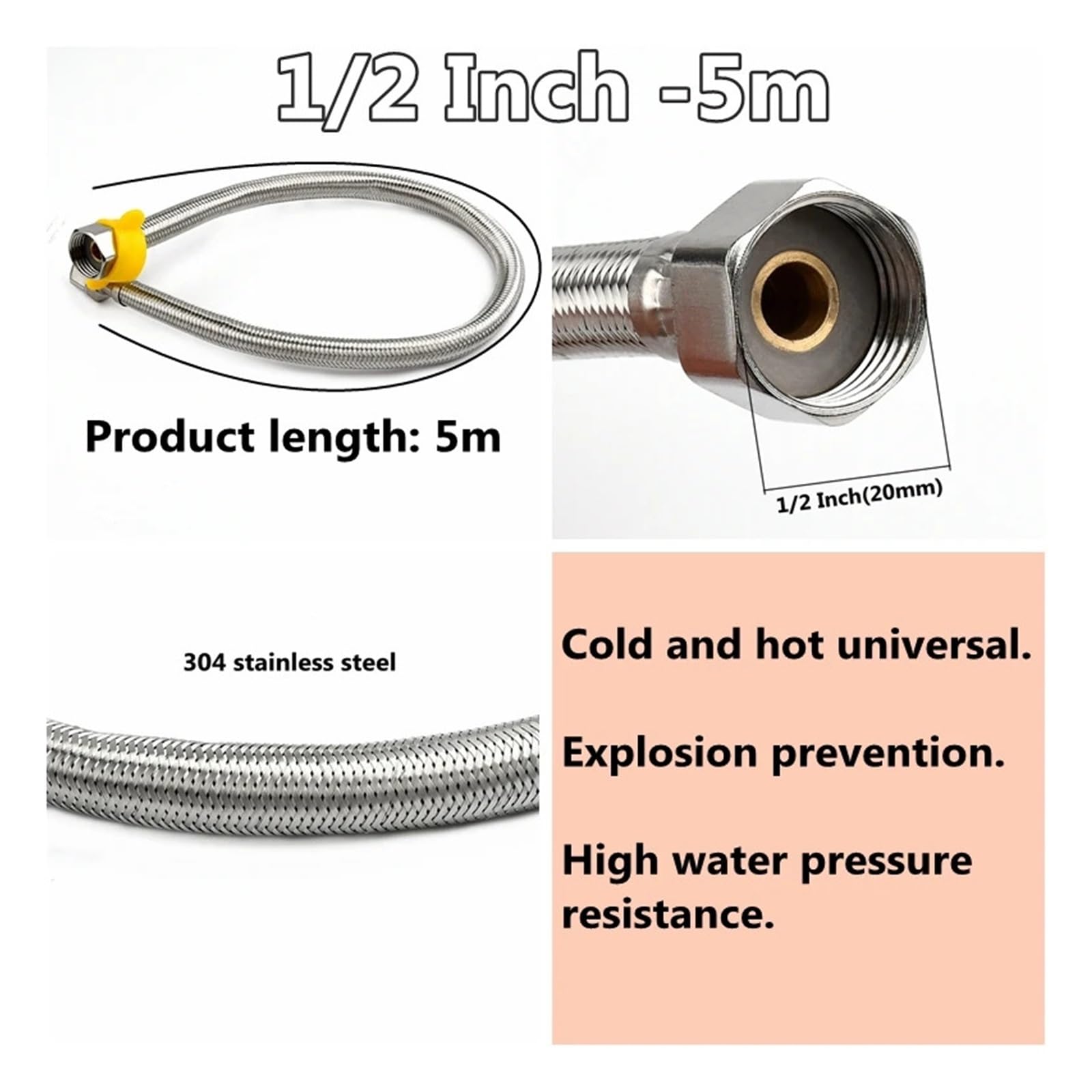 1 PC 1/2, 3/4 pollici Tubo intrecciato in acciaio inossidabile 304 Tubo ad acqua calda fredda Connessione rubinetto igienico Tubo Giardino Connessione acqua(1I2 Inch - 5m)