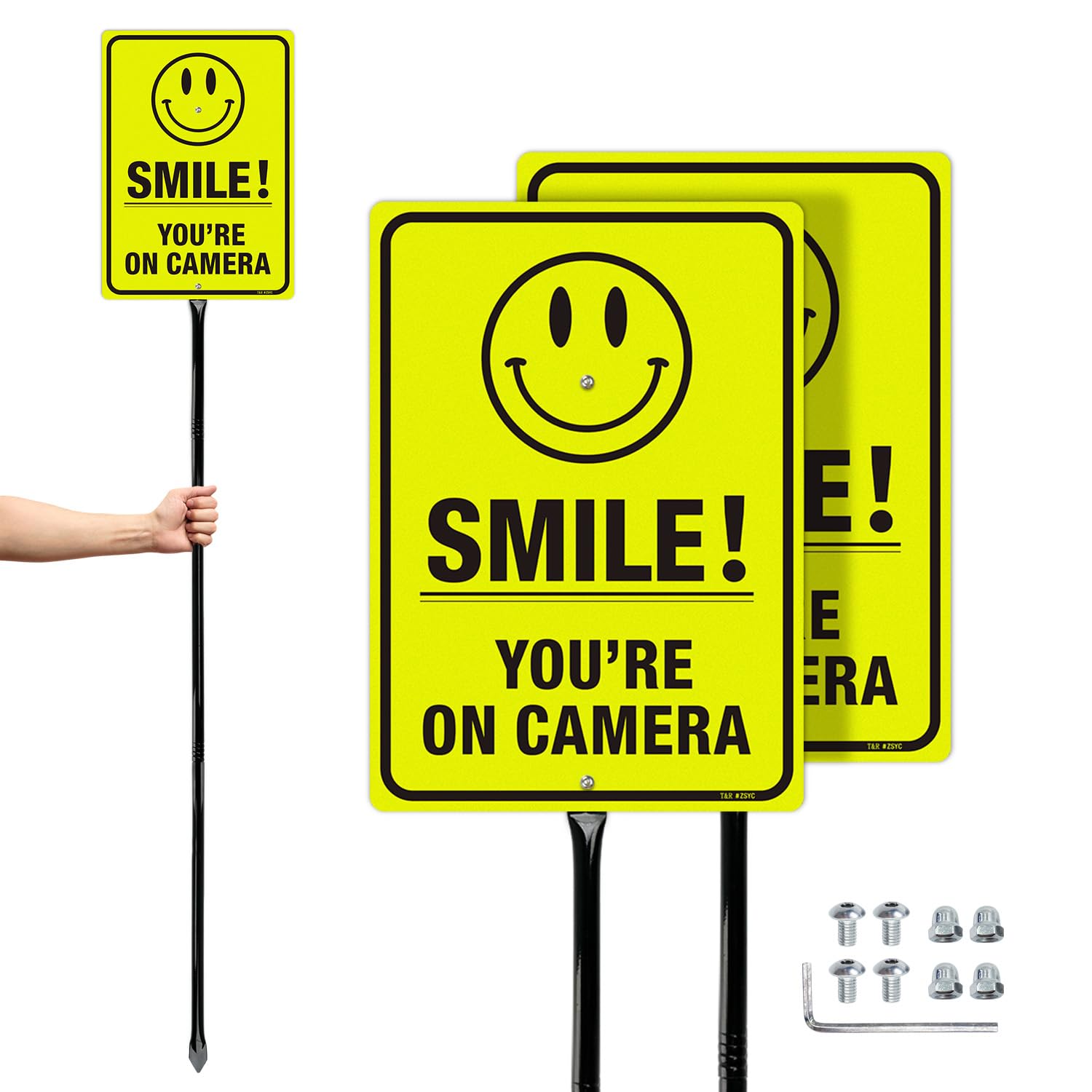 T&amp;R Large Smile You're On Camera Signs Video Surveillance Sign with 54" Stake - 2 Pack - 14"x10" .040 Rust Free Aluminum, Reflective, Waterproof and Fade Resistant, 2 pre-drilled holes, Includes Matching Screws &amp; Wrench, Easy to Mount(Yellow)