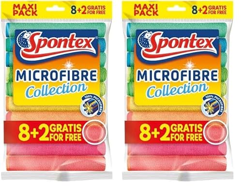 Spontex - Paños de Microfibra Multiuso 8 + 2 Gratis, 1 Paquete de Paños Multicolores (Paquete de 2)