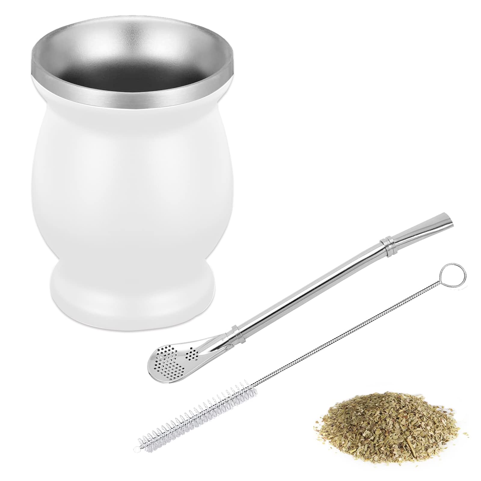Yerba Mate Cup, Yerba Mate,Double-Wall Yerba Tea Set, Yerba Cup, with Straw Spoon and Cleaning Brush, for Yerba Mate Drink, Coffee, Milk and Juice, White,8oz
