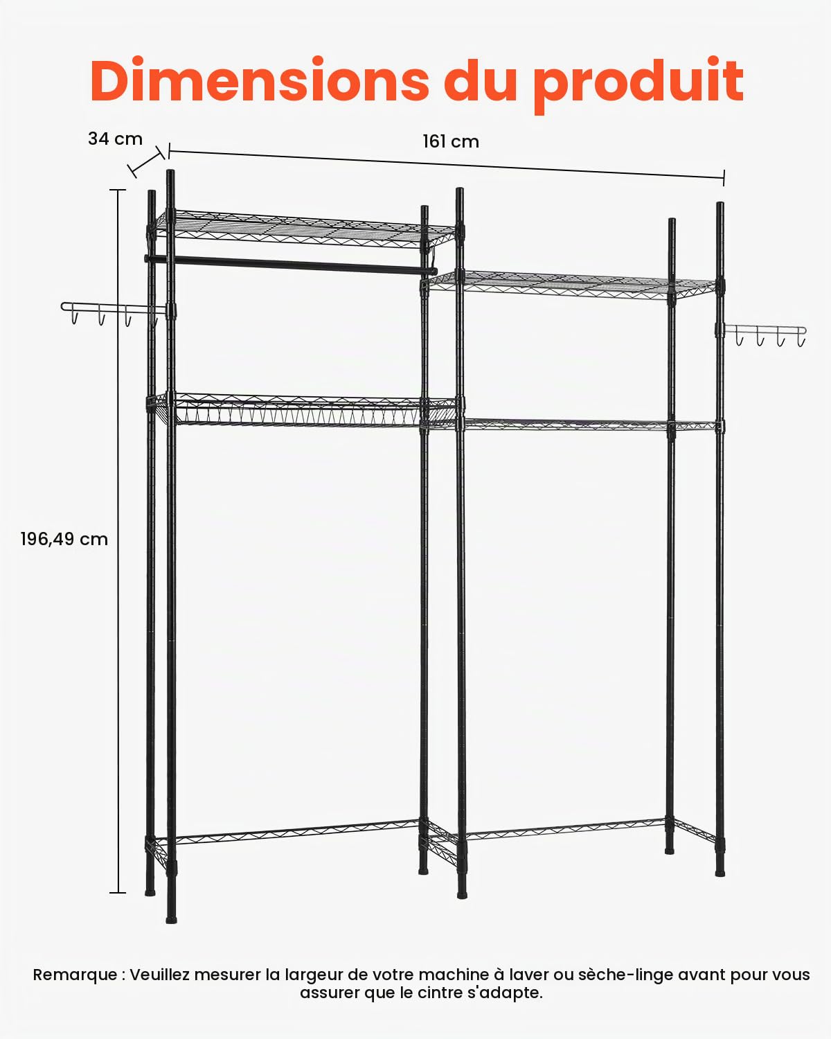 VEVOR Étagère de Rangement pour Lave-Linge et sèche-Linge à 4 Niveaux, étendoir à Linge avec Tringle et Crochets, étagères réglables à Deux rangées, Gain de Place, pour buanderie, Salle de Bain, Noir