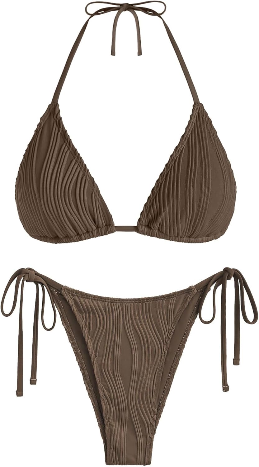 ZAFUL Textured Halter Bikini for Women 2 Piece Triangle Bikini Sets Sexy High Cut Bathing Suit Side Tie Swimsuits