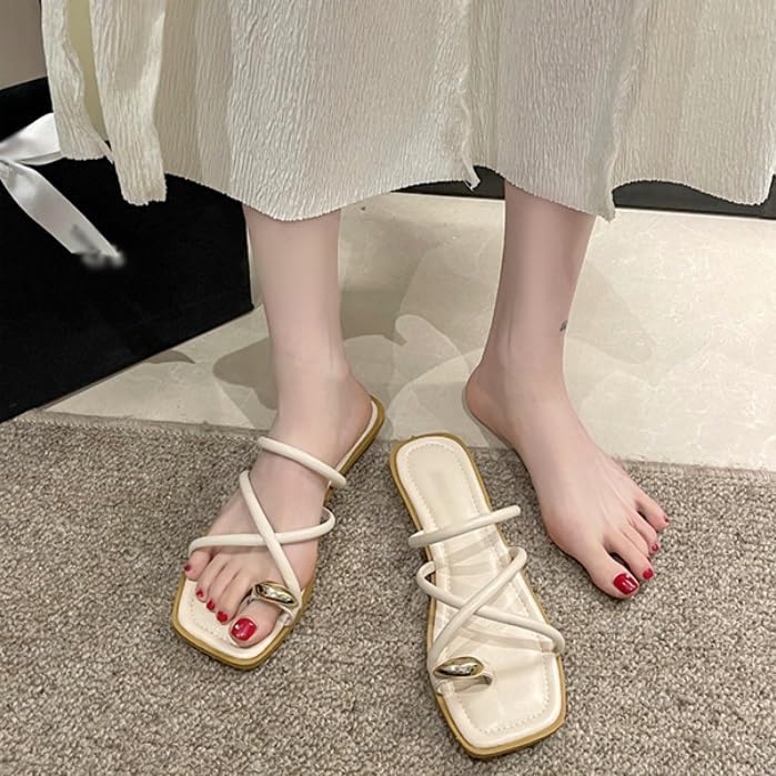 HBJWOV Flat Slippers for Women S Outerwear Cross Legged Sandals Square Toe Sandals2