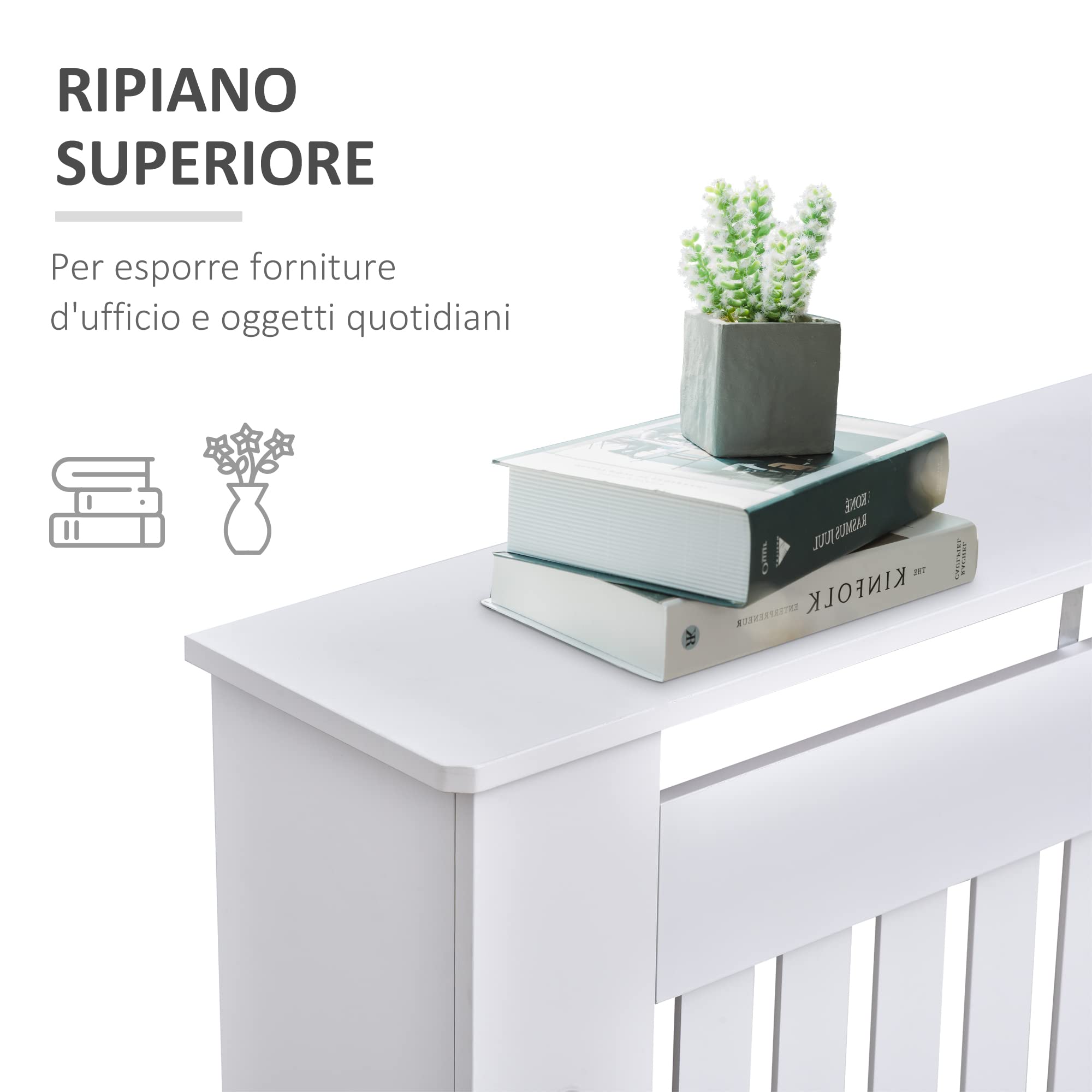 HOMCOM Copritermosifone a Doghe in MDF, Copri Termosifone Moderno con Antiribaltamento per Casa e Ufficio, 112x19x81 cm, Bianco