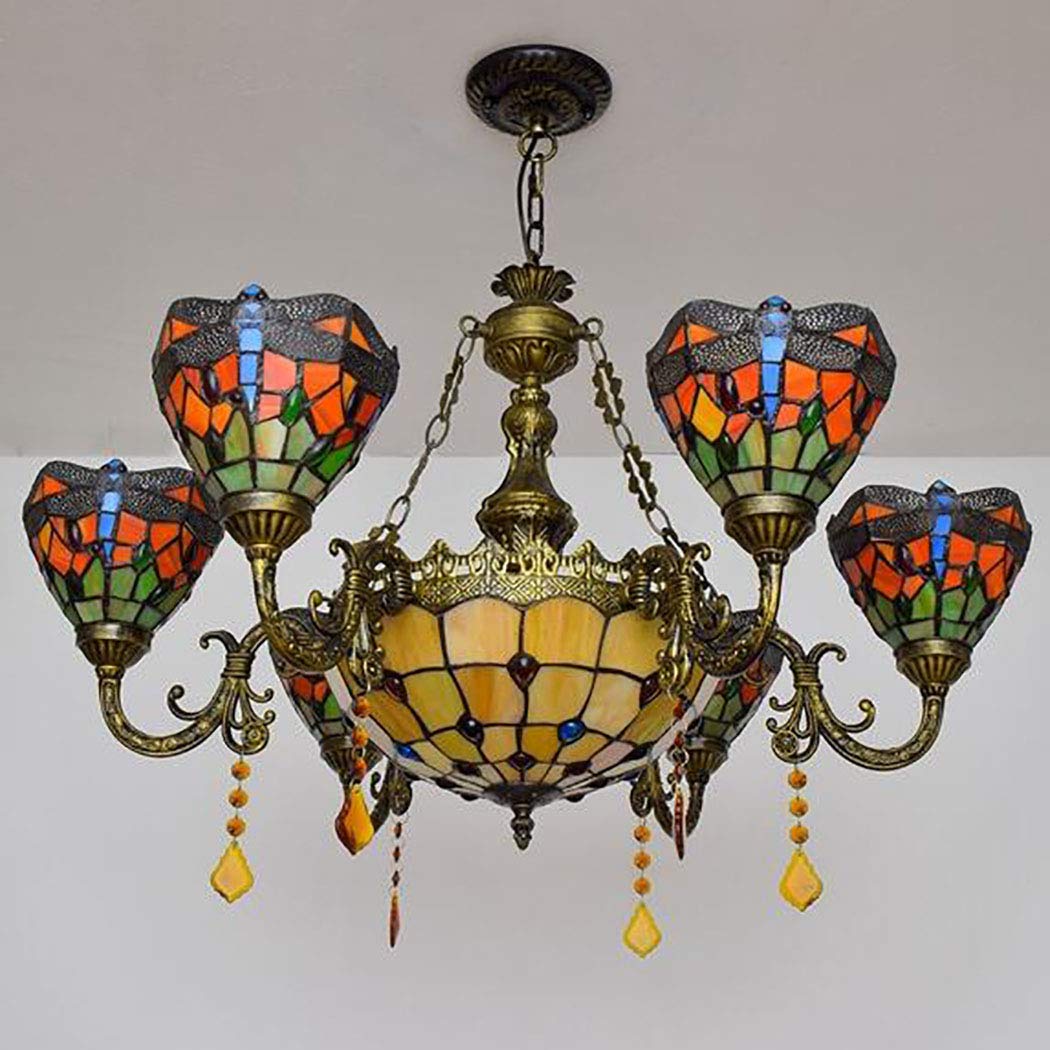 Żyrandol W Stylu Tiffany W Stylu Wiktoriańskim Z 6 Światłami, Europejska Czerwona Lampa Wisząca Z Wielogłowicowym Szkłem W Kształcie Ważki Do Salonu, Jadalni I Willi