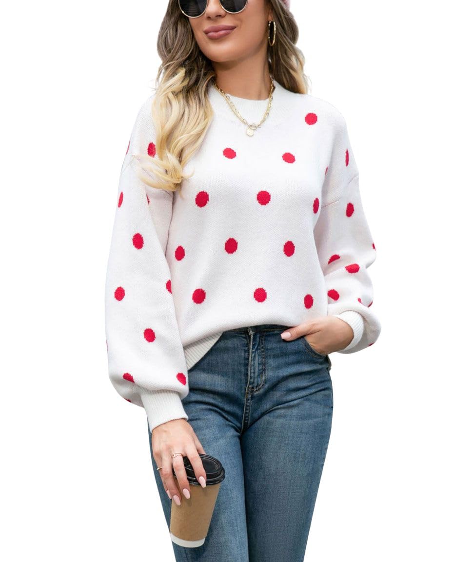 chouyatou Womens Vintage Polka Dot Pullover Sweaters Color Block Crewneck Casual Slouchy Sweater Jumper Tops