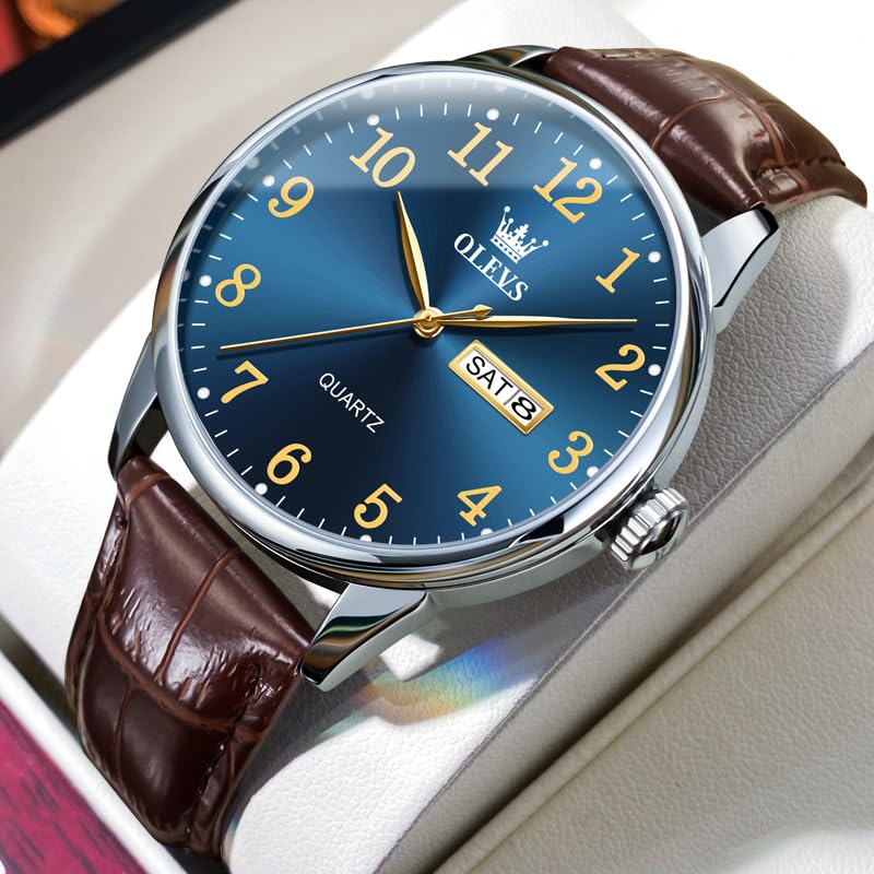 Image of OLEVS Men Watches Dress Waterproof Leather Band Classic Large Face Luxury Watches for Men Casual Fashioned Nice Analog Watch Men Day Date Easy Reader Quartz Original Business Adjustable Watches Men