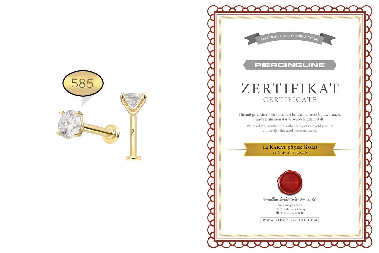 PIERCINGLINE Piercing Stecker 14 Gold Labret mit Innengewinde MOISSANIT 585er Gold - Roségoldfarben, Goldfarben, Silberfarben