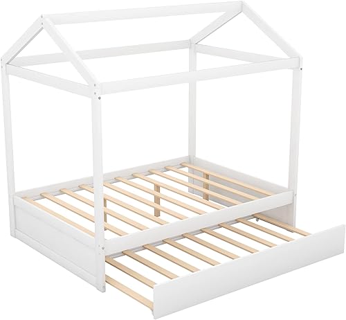 Miniatura 30 de Harper & Bright Designs Cama matrimonial con nido de tamaño individual, cama de madera de tamaño matrimonial con techo, ventanas y valla, marco de