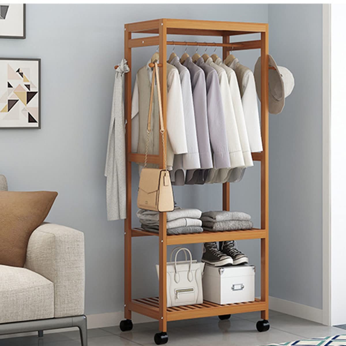 Appendiabiti con 2 Ripiani, con Ruote, Organizer per Cappotti, per Ingresso, Camera da Letto, Angolo, Salvaspazio - Legno di bambù,Wood Color-100Cm
