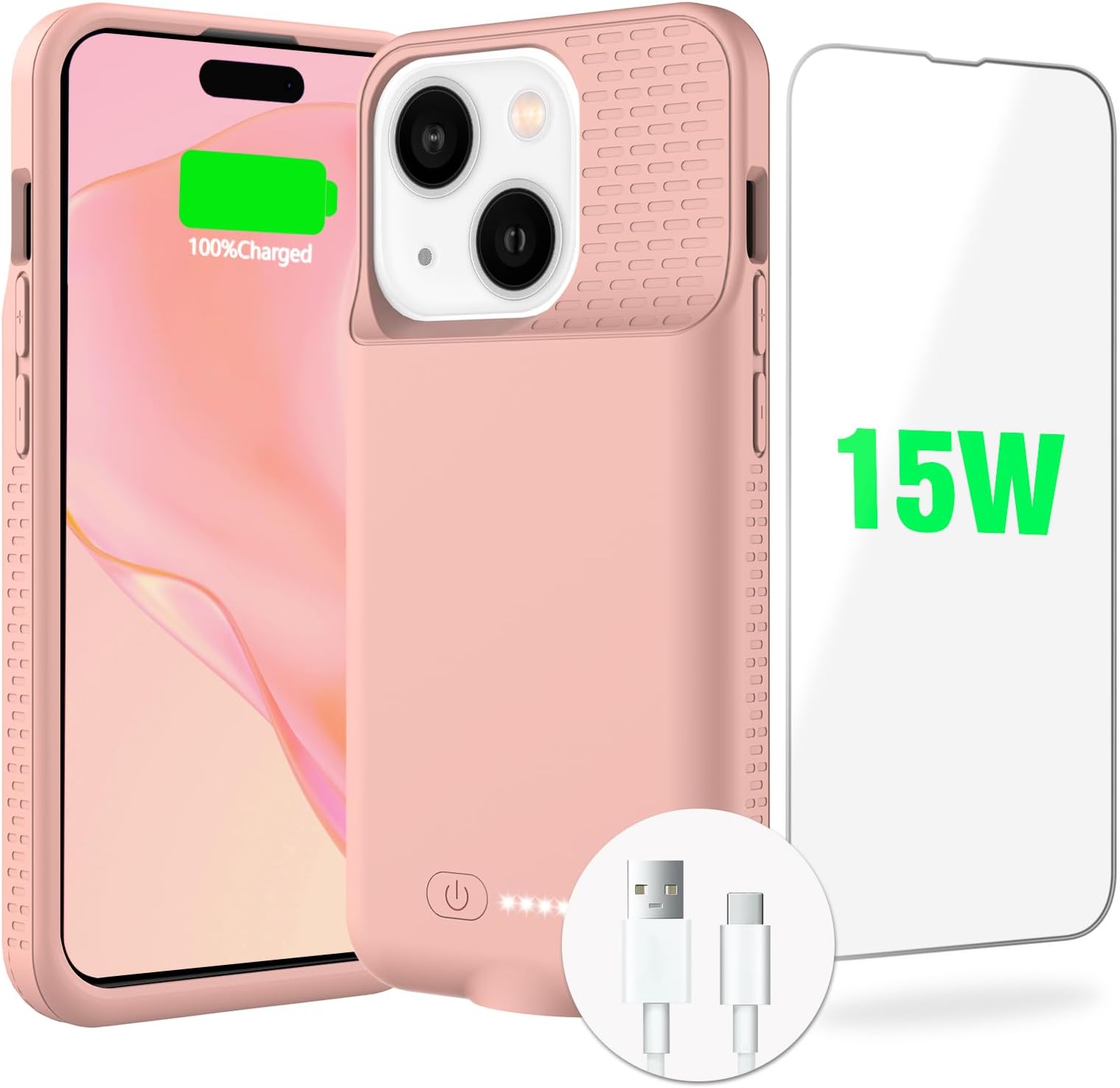 GIN FOXIBattery Case for iPhone 15/15 Pro, Ultra-Slim Lightweight Powerful 7000mAh Charger Case Rechargeable Anti-Fall Premium TPU Anti-Slip 15W Fast Charging Case for iPhone 15&15 Pro (Pink)
